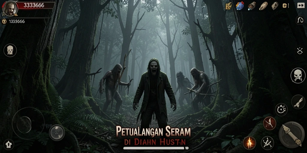 Tampilan antarmuka gameplay Horor Hutan yang intens