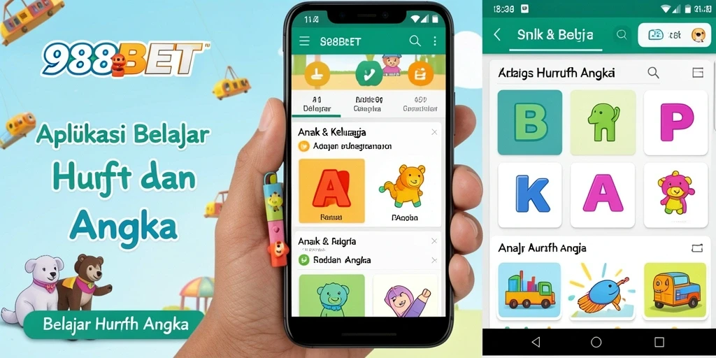 Antarmuka aplikasi 988BET untuk belajar huruf dan angka.