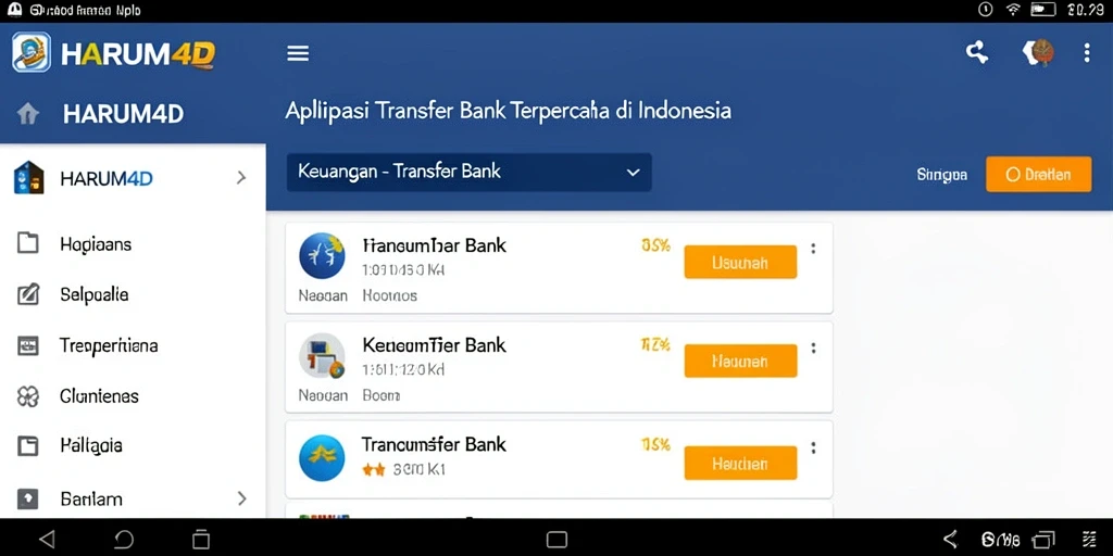 Screenshot utama HARUM4D menampilkan antarmuka aplikasi Transfer Bank yang mudah digunakan.