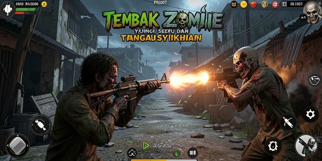 Tampilan antarmuka game Tembak Zombie yang intens dan menarik.